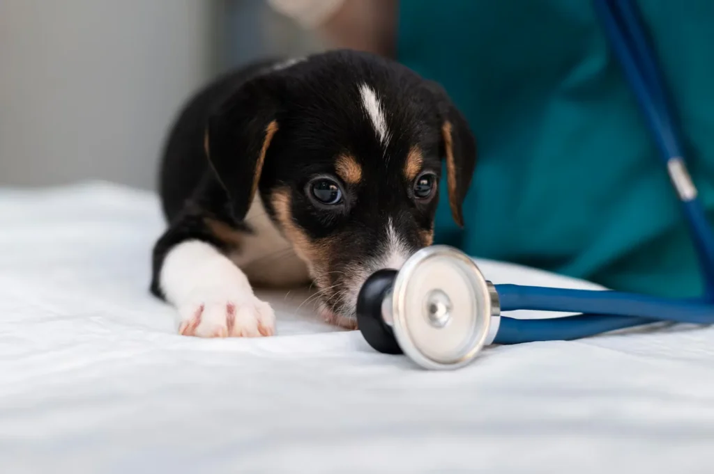 Puppy receiving intravenous fluid therapy and monitoring during critical care treatment